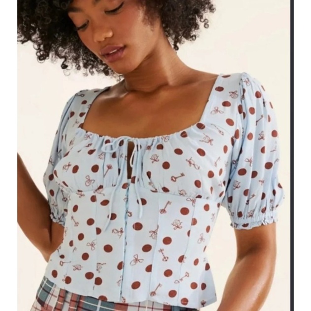 Free People Blue Polka Dot Key Print Corset Top Puff Sleeve Size Small NWT